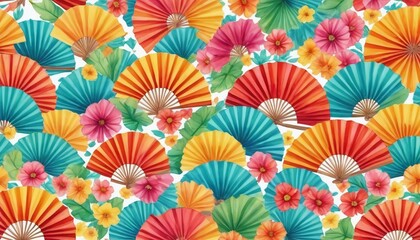 Seamless Watercolor Pattern Of Paper Fans And Flowers For Cinco De Mayo.
