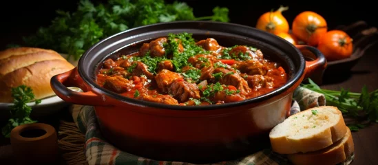Fotobehang A pot of stew, a staple food dish, sits on a table beside bread and vegetables. This meal is made with various ingredients like meat, produce, and cooking spices © AkuAku