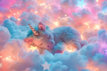 Enchanted Dreamscape: Slumbering Unicorn Amidst a Cloudy Rainbow Reverie