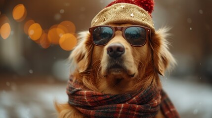   Close-up photo of dog in sunglasses and red pom-pom scarf on its head - obrazy, fototapety, plakaty