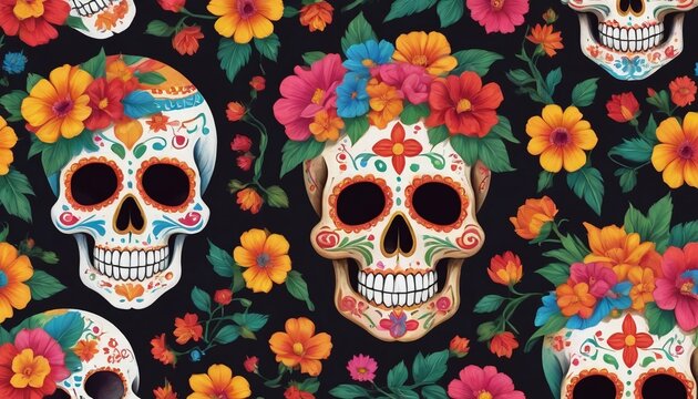Painted Colorful Cinco De Mayo Skulls With Traditional Flowers.