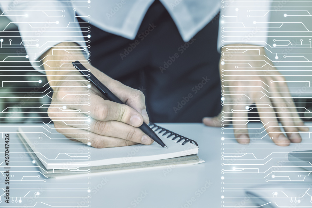 Poster double exposure of circuit hologram and hand writing in notebook on background with laptop. research