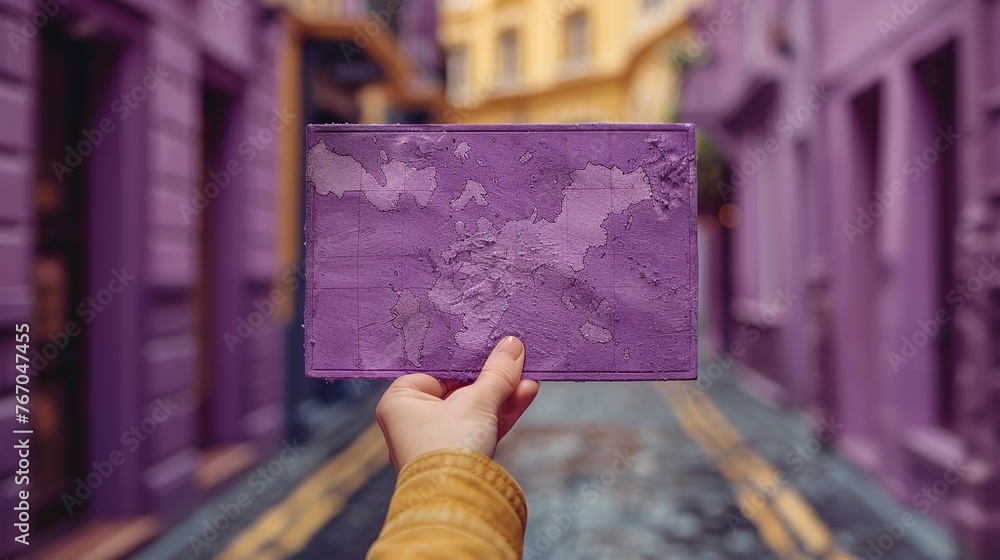 Poster a hand holds a location sign on a purple background. laying a route, finding the location of a point