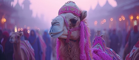 Fototapeten a camel with a pink headdress and a pink scarf © Masum