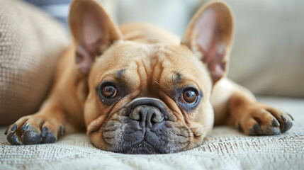 Adorable French Bulldog Portrait: Cute Light Brown Puppy Headshot.