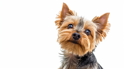 Adorable Yorkshire Terrier Portrait: Cute Yorkie Puppy Sitting Happily, Isolated on White with Copy Space.