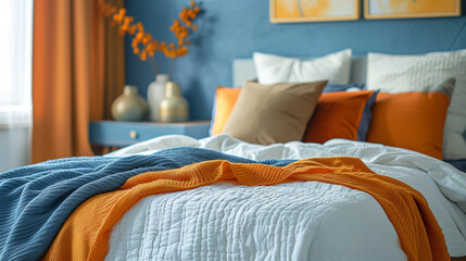 Comfortable Home or Hotel Interior: Bedroom Setting with Orange and Navy Accents. Colorful Blankets and Pillows. 