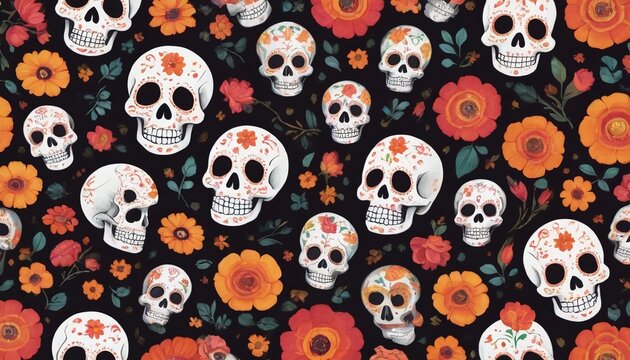 Painted Skulls And Flowers Pattern For Dia De Los Muertos.