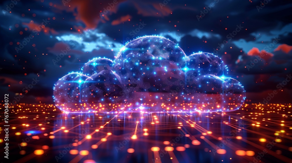 Poster illustration depicting the concept of cloud computing technology, emphasizing its significance in mo