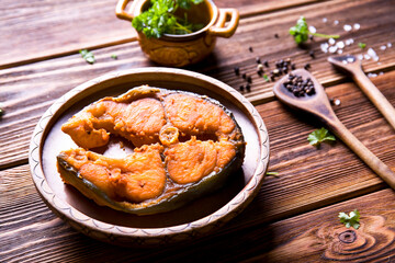 Fried fish on wood