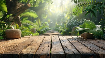 Bare wooden desk in the middle of a jungle. Generative Ai