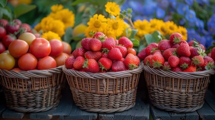 three baskets filled with strawberries , tomatoes , and sunflowers are sitting on a wooden table