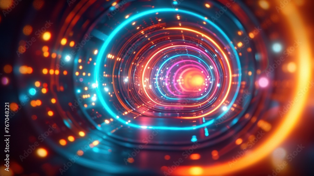 Poster abstract vibrant light tunnel with glowing lines and bokeh effect