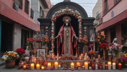 Fototapeta na wymiar La Santa Muerte Altar In A Mexican City Street.