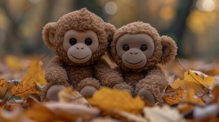   A pair of plush animals perched on top of a leafy mound amidst the woodland