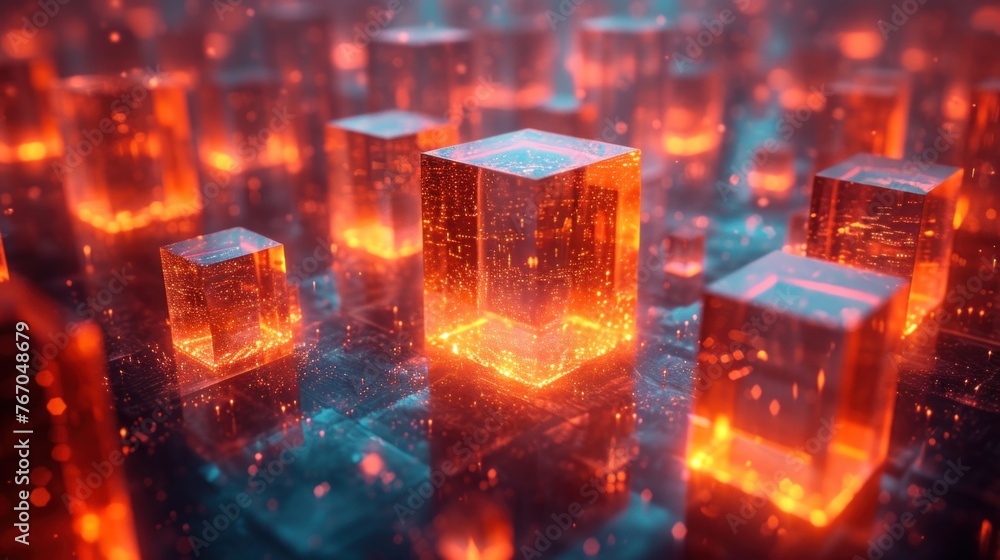 Poster illuminated glowing neon cubes in a futuristic setting at twilight