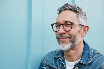 Portrait of a handsome senior man with grey hair and beard wearing jeans jacket and eyeglasses.