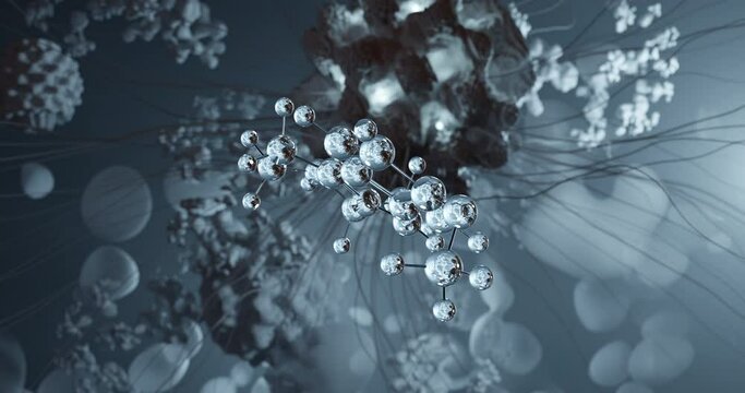 Tetrahydroharmine rotating 3d molecule, molecular structure of fluorescent indole alkaloid, seamless video