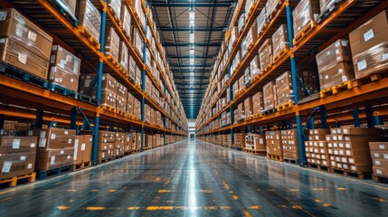   A spacious warehouse brimming with numerous shelves, overflowing with various box varieties atop each shelf - obrazy, fototapety, plakaty