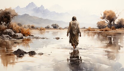 a man walking in a lake