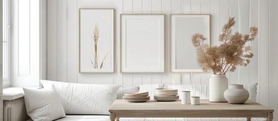 Fototapeta na wymiar Minimalist poster template in frames placed on a table against a white wall in a modern interior setting. The frames are available in sizes 50x70, 20x28, and 20RP.