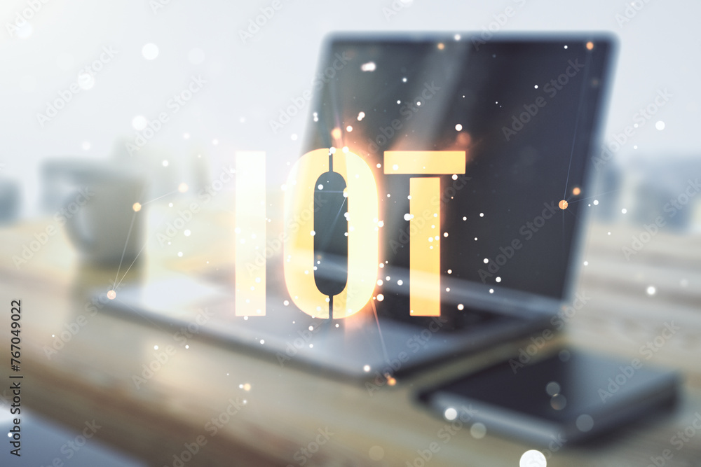 Poster Creative IOT concept and modern desktop with computer on background. Multiexposure