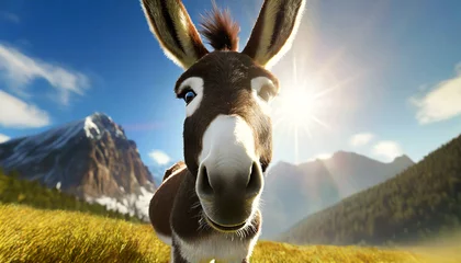 Fotobehang Extreme close-up of a brown and white donkey looking at camera on a mountain pasture. Generative Ai. © Alberto Masnovo