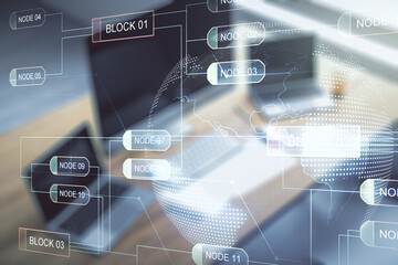 Multi exposure of abstract software development hologram with world map and modern desktop with laptop on background, global research and analytics concept