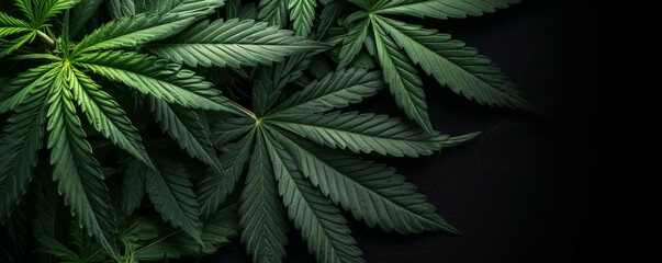 Marijuana leaves on black background, botanical. Cannabis leaves banner with black background and copy space.