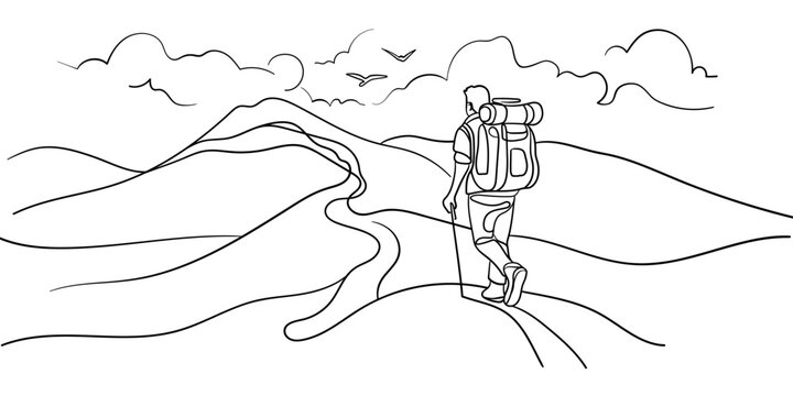 Traveling in mountains. Traveler line art drawing isolated on white background. Hiking trip to the top of the mountain. Black and white. Vector illustration