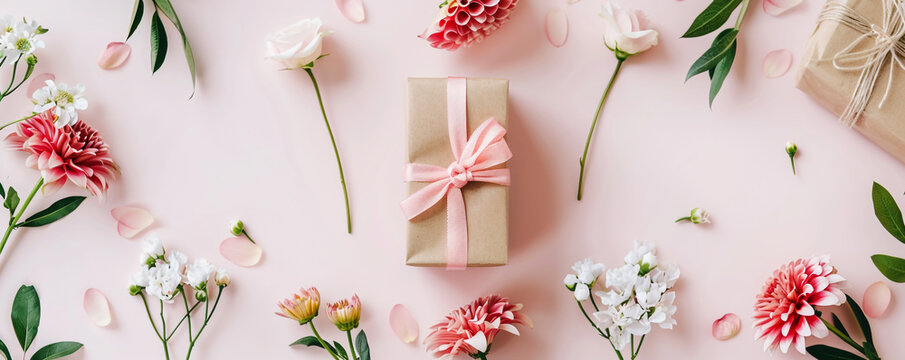 Mother's Day flat lay image featuring flowers and a gift box