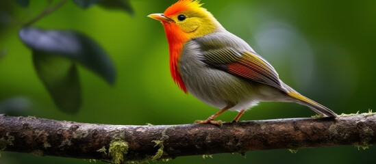 A small songbird with a yellow head from the order Piciformes is perched on a tree branch. Its...