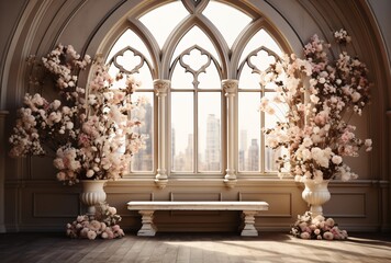 a bench in a room with flowers