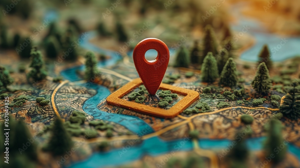 Poster illustration portraying location marking with a pin on a map with routes, representing themes of adv