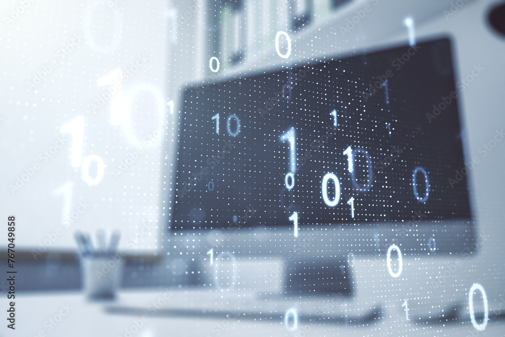 Leinwandbilder double exposure of creative abstract binary code hologram and modern desktop with laptop on backgrou