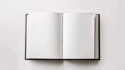 Mock-up of blank pages of an open notebook with copy-space for text on a plain white background. White book cover in modern style with clear white paper.