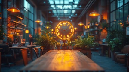   In a spacious room with an abundance of verdant foliage, a table stands prominently atop which rests a clock, its ticking marking the passage of time amid - obrazy, fototapety, plakaty