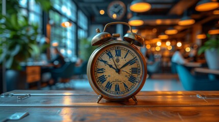   An alarm clock rests atop a wooden table amidst a room with a lush potted plant in the backdrop