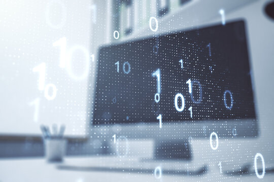 Double exposure of creative abstract binary code hologram and modern desktop with laptop on background. Database and programming concept