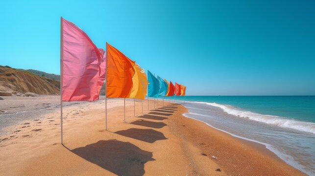   A row of colorful flags atop a sunlit beach beside a tranquil body of water