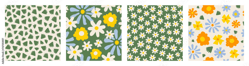 Poster set seamless patterns with cute groovy daisy flowers. pastel colors. trendy abstract print for wrapp