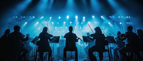 A group of musicians are playing violins on stage. The stage is lit up with blue lights