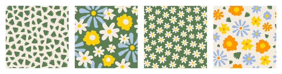 Set seamless patterns with cute groovy daisy flowers. Pastel colors. Trendy abstract print for wrapping paper, wallpaper, cover, fabric design. Vector illustration