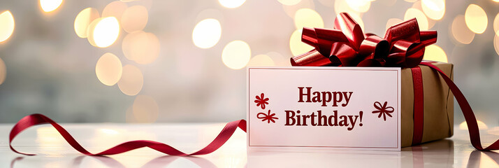 Elegant birthday gift with a satin ribbon and a heartfelt card on a glowing background.