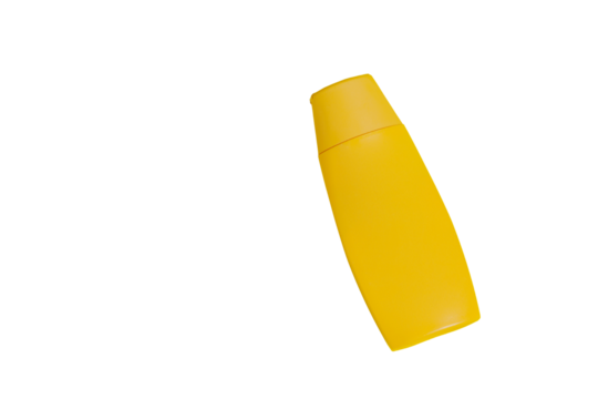 Yellow sunscreen bottle on colored background. Sunscreen concept. Skin care concept. Space for text. Mockup.