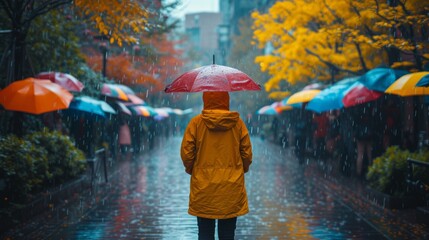   A person wearing a yellow raincoat holds an umbrella on a city street during rainfall