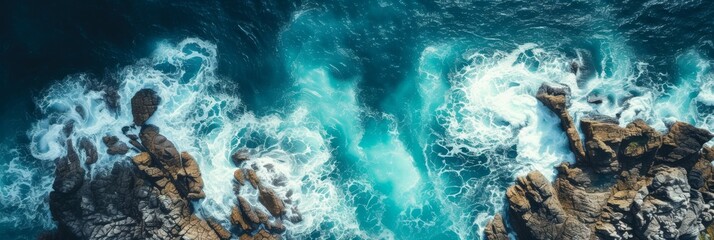 Aerial banner photography of waves crushing against rocks