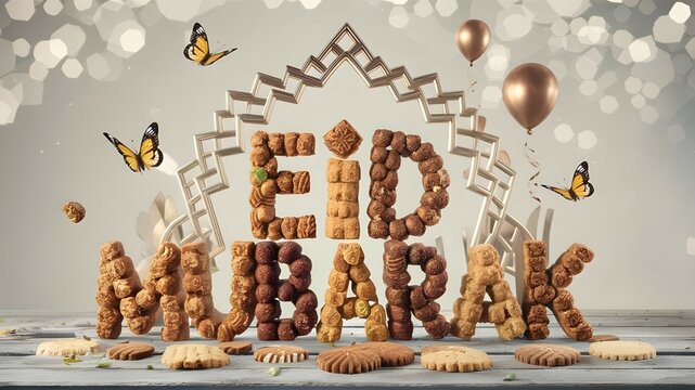 Eid Mubarak calligraphy illustration with Homemade pastry, spring flower cookies, flying butterflies, balloons, and party arabesque ornaments, design for greeting cards and all prints. Generative AI.
