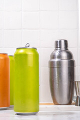 RTD Cocktail or mocktail, Ready to Drink canned beverage in colorful tin cans bottles, trendy easy way to make cocktails 