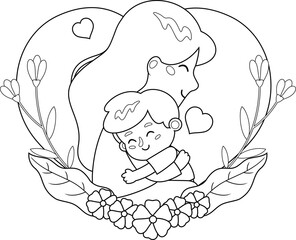 Outlined Cartoon Mother's Day Banner Template, Mother Embracing A Son. Vector Hand Drawn Illustration Isolated On Transparent Background